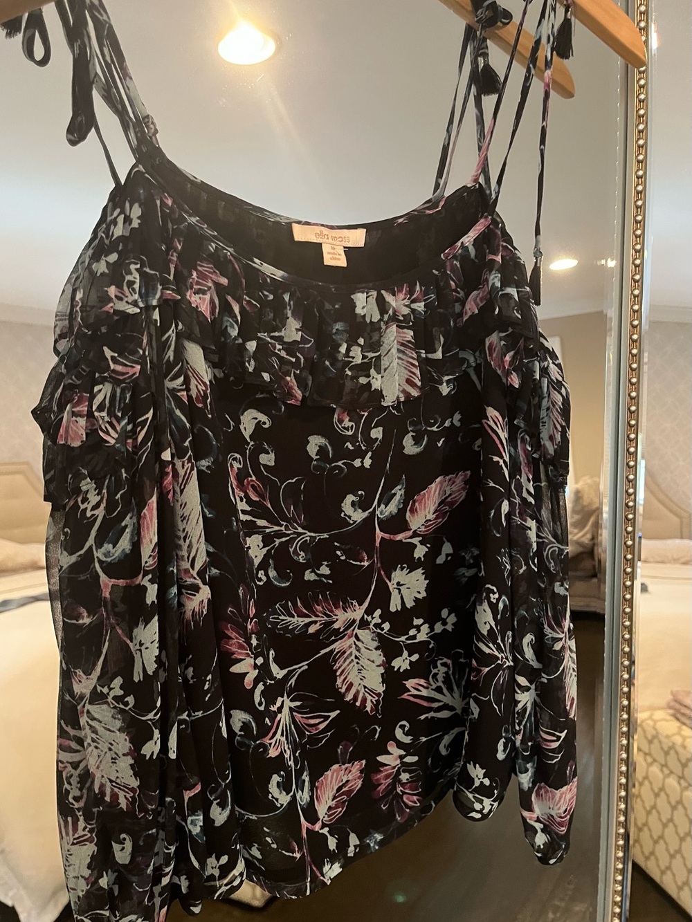 Ella Moss Black Floral Ruffle-Neck Blouse